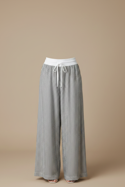 Pantalon Fluide Rayé Large Cordon Décontracté Femme - Imprimé Lin - vue 3