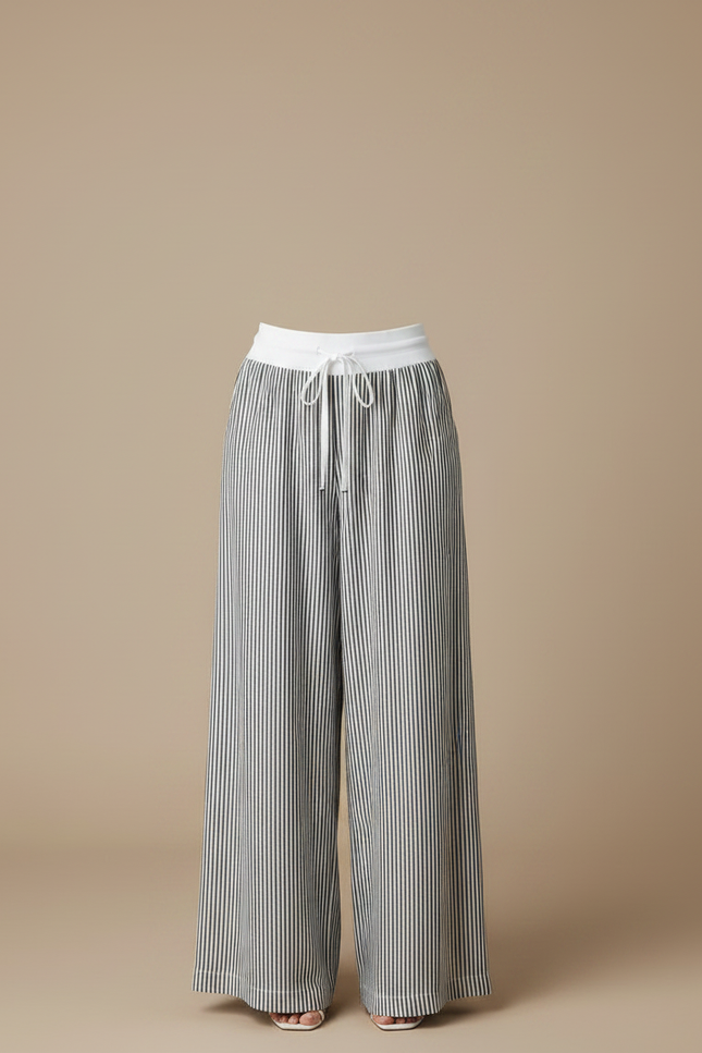 Pantalon Fluide Rayé Large Cordon Décontracté Femme - Imprimé Lin - vue 3