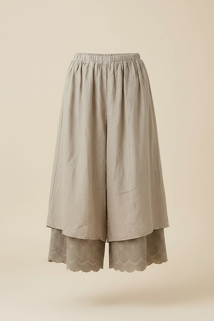 Pantalon Fluide Beige Brodé Ample Superposé Lin Coton - vue 3
