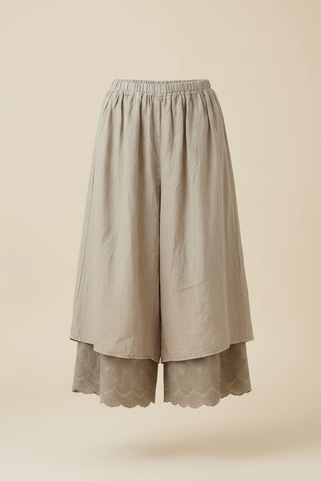 Pantalon Fluide Beige Brodé Ample Superposé Lin Coton - vue 3
