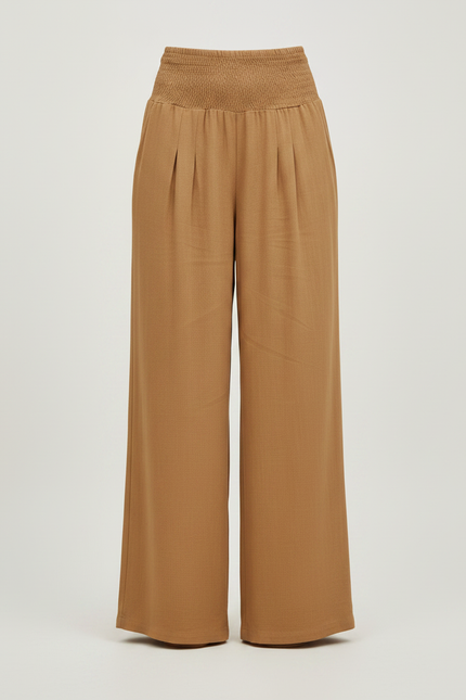 Pantalon Fluide Ample Taille Haute Plissé Marron - Camel Viscose - vue 3