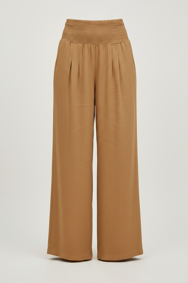 Pantalon Fluide Ample Taille Haute Plissé Marron - Camel Viscose - vue 3