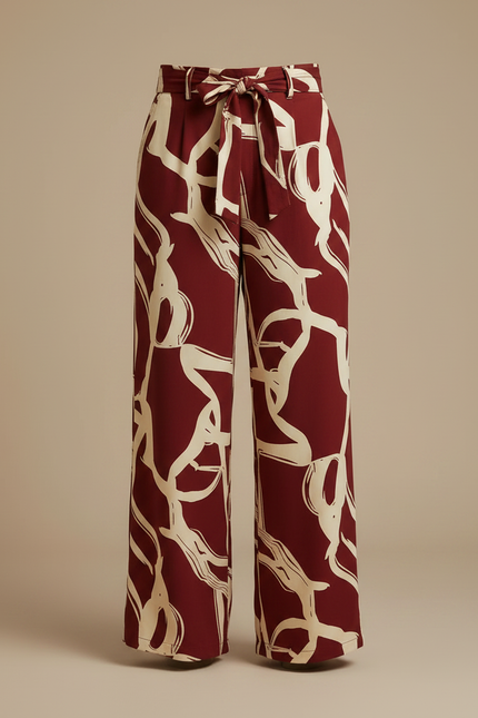 Pantalon Fluide Imprimé Abstrait Rouge Ample Décontracté - Bordeaux Viscose - vue 3