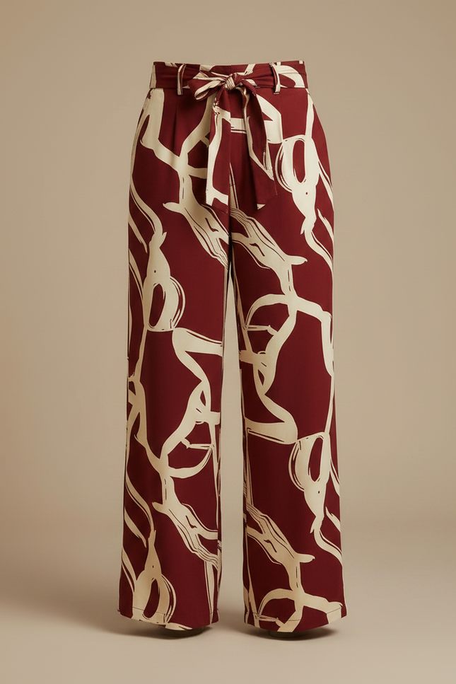 Pantalon Fluide Imprimé Abstrait Rouge Ample Décontracté - Bordeaux Viscose - vue 3