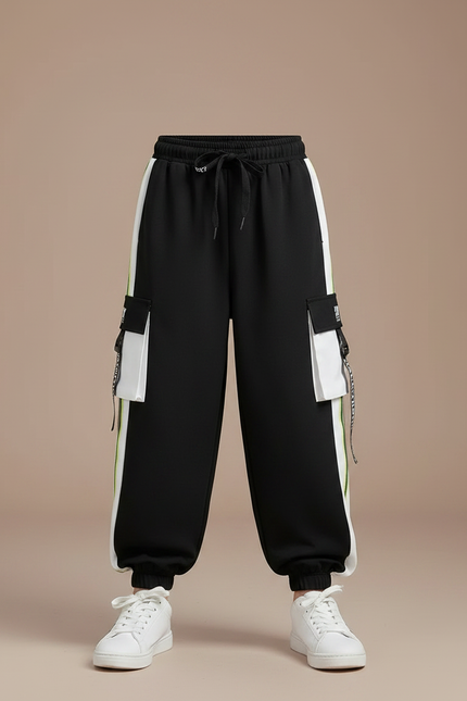 Pantalon Fluide Noir Cargo Bandes Blanches Vertes - Molleton - vue 3