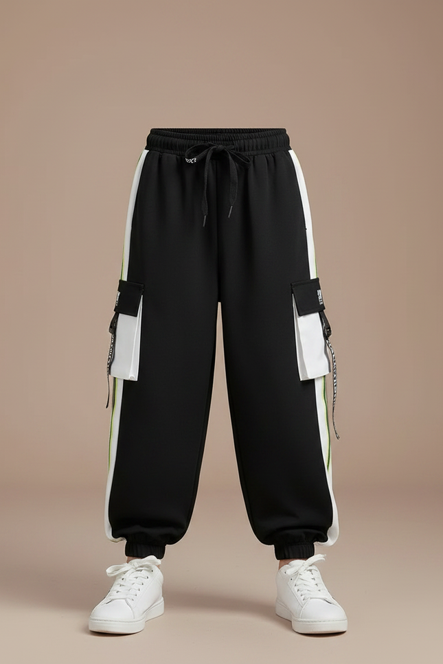 Pantalon Fluide Noir Cargo Bandes Blanches Vertes - Molleton - vue 3