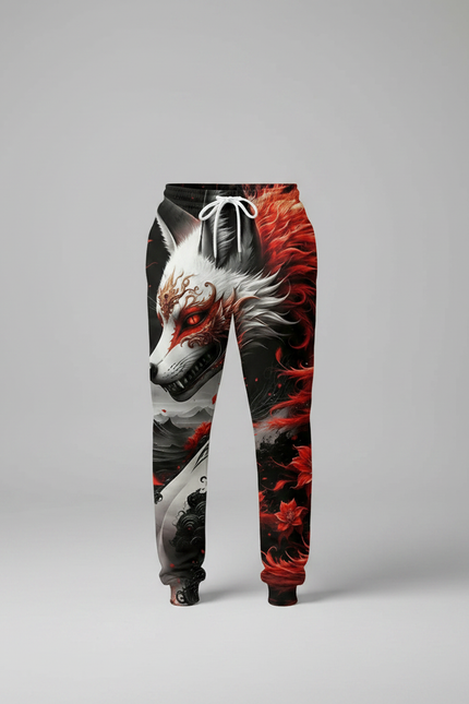 Pantalon Fluide Noir Imprimé Renard Rouge Ample Décontracté - Molleton - vue 3