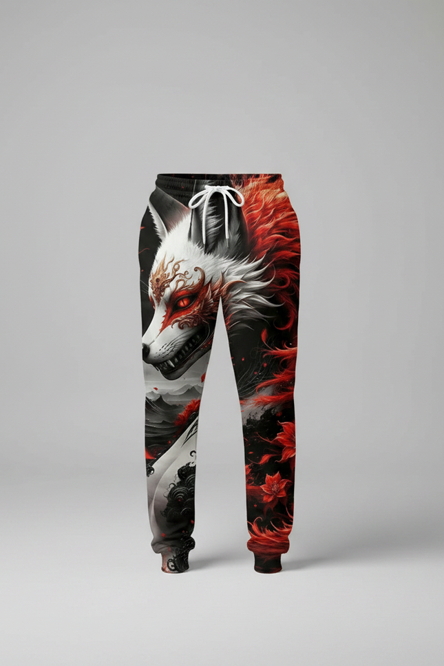 Pantalon Fluide Noir Imprimé Renard Rouge Ample Décontracté - Molleton - vue 3