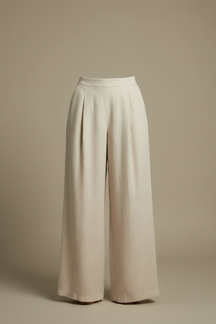 Pantalon Fluide Beige Large Taille Haute Décontracté Lin - vue 3