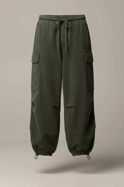 Pantalon Fluide Cargo Côtelé Vert Ample Homme - Cordé - vue 3