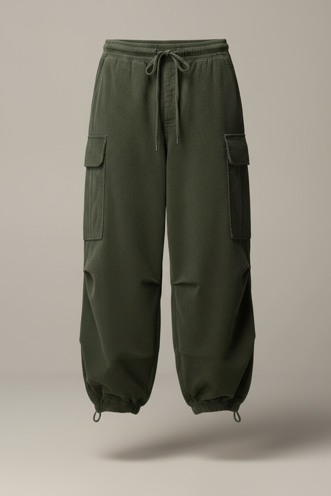 Pantalon Fluide Cargo Côtelé Vert Ample Homme - Cordé - vue 3