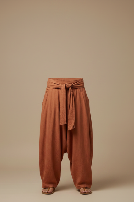 Pantalon Fluide Harem Lin Coton Ample Terracota Homme - Marron - vue 3
