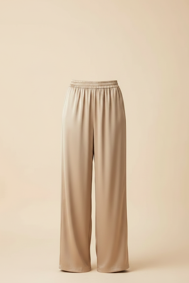 Pantalon Fluide Beige Satiné Ample Taille Haute Élégant - vue 3