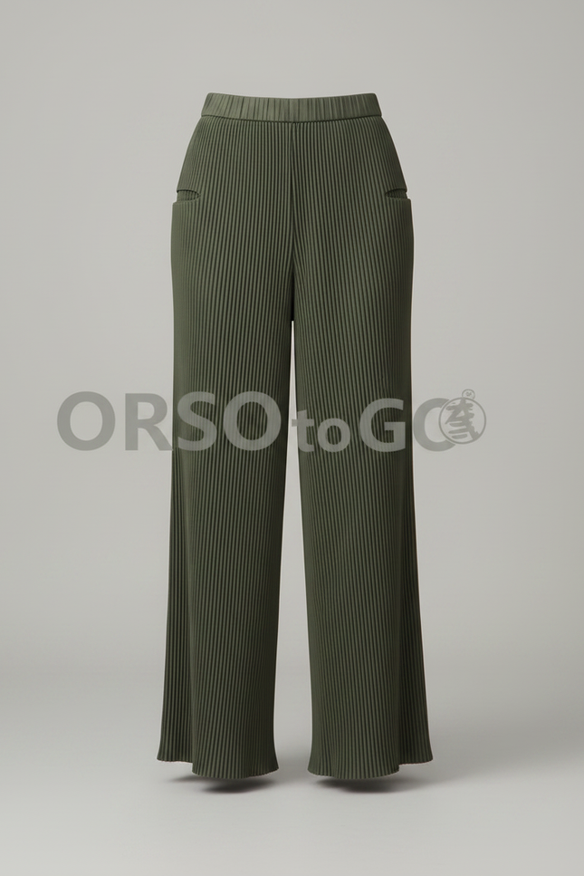 Pantalon Fluide Plissé Vert Ample Décontracté Femme - Kaki Polyester - vue 3