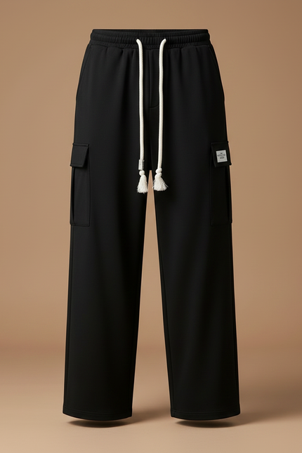 Pantalon Fluide Noir Ample Coton Cargo Décontracté - vue 3