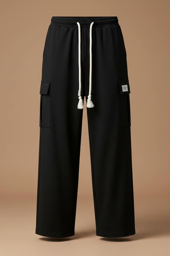 Pantalon Fluide Noir Ample Coton Cargo Décontracté - vue 3