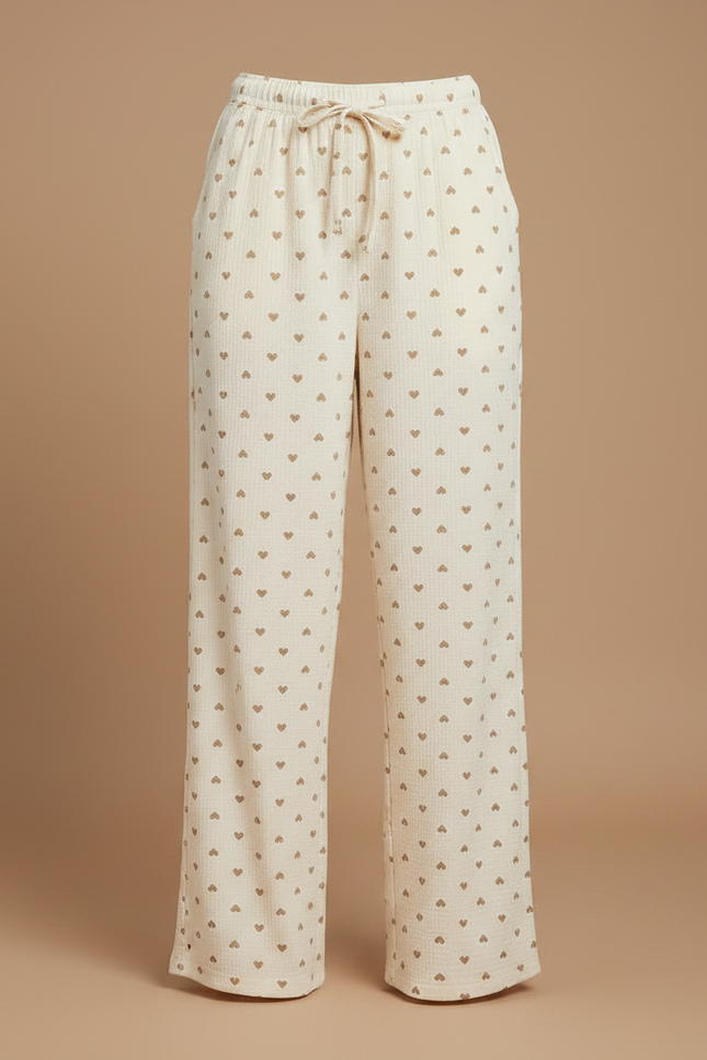 Pantalon Fluide Cœurs Beige Ample Coton Confortable Femme - vue 3