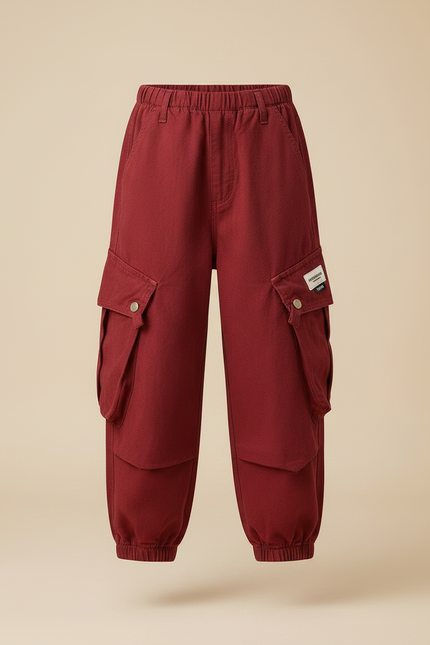 Pantalon Fluide Rouge Cargo Coton Ample Enfant - Bordeaux - vue 3