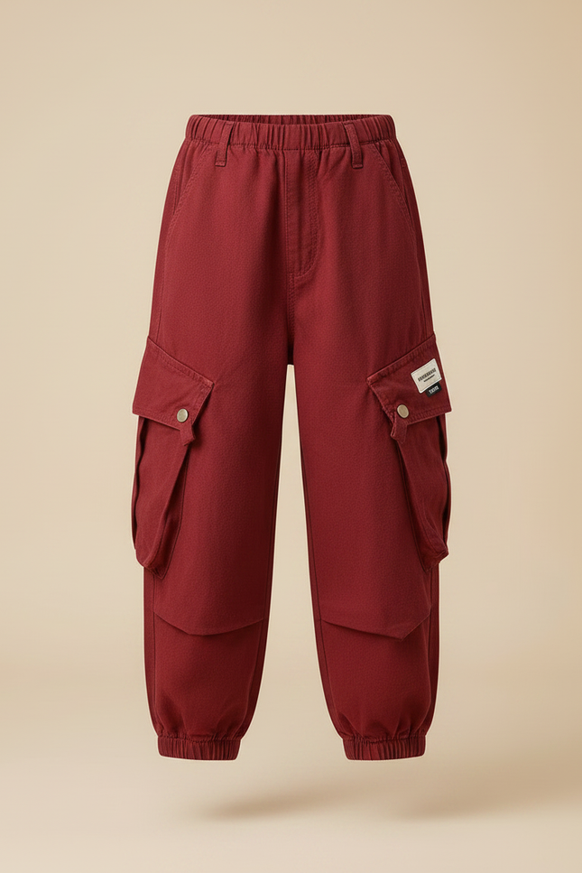 Pantalon Fluide Rouge Cargo Coton Ample Enfant - Bordeaux - vue 3
