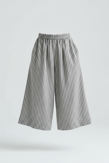 Pantalon Fluide Rayé Large Coton Lin Décontracté - Gris - vue 3