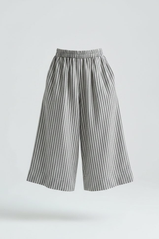 Pantalon Fluide Rayé Large Coton Lin Décontracté - Gris - vue 3