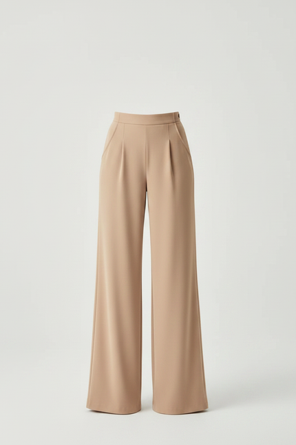 Pantalon Fluide Beige Taille Haute Ample Élégant Femme - Polyester - vue 3