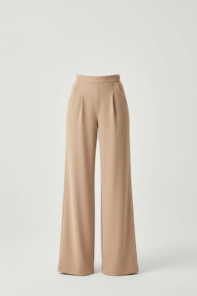 Pantalon Fluide Beige Taille Haute Ample Élégant Femme - Polyester - vue 3