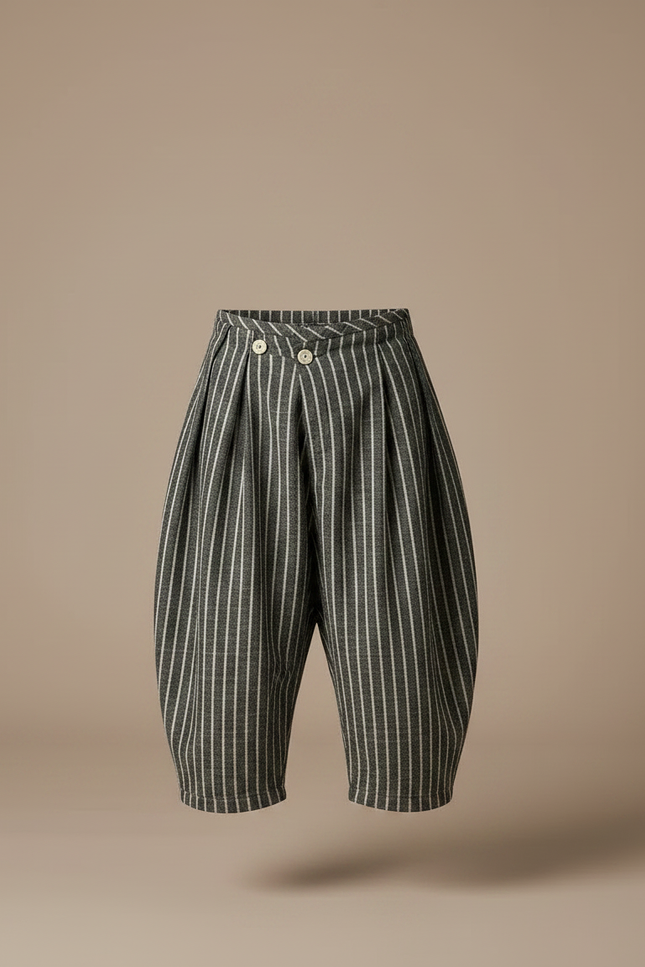 Pantalon Fluide Rayé Vert Coton Ample Unisexe - vue 3