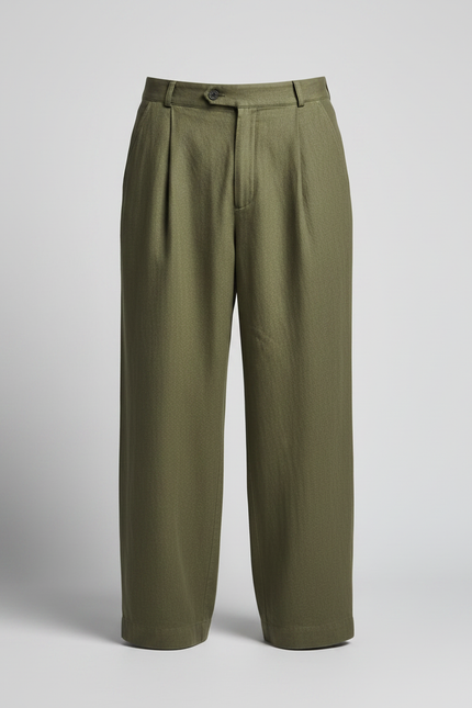 Pantalon Fluide Vert Kaki Lin Plissé Ample Homme - vue 3