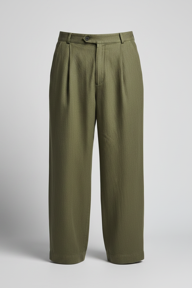Pantalon Fluide Vert Kaki Lin Plissé Ample Homme - vue 3