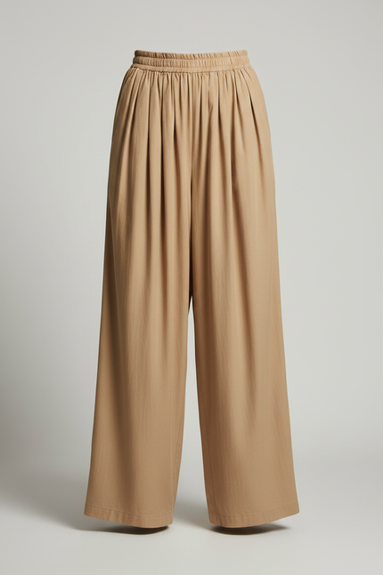 Pantalon Fluide Beige Ample Plissé Taille Élastique - Viscose - vue 3