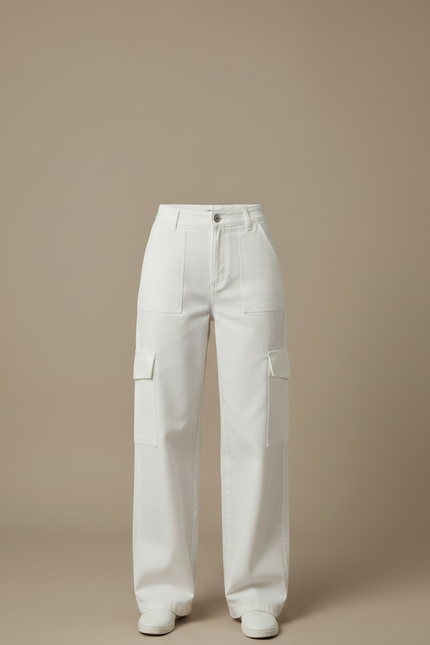 Pantalon Fluide Cargo Blanc Ample Taille Haute Femme - Toile - vue 3