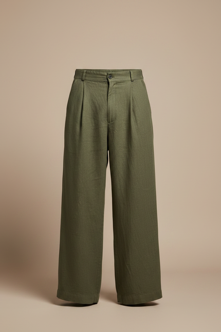 Pantalon Fluide Kaki Ample Plissé Lin Homme - vue 3