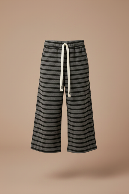 Pantalon Fluide Rayé Gris Noir Ample Coton - Molleton - vue 3