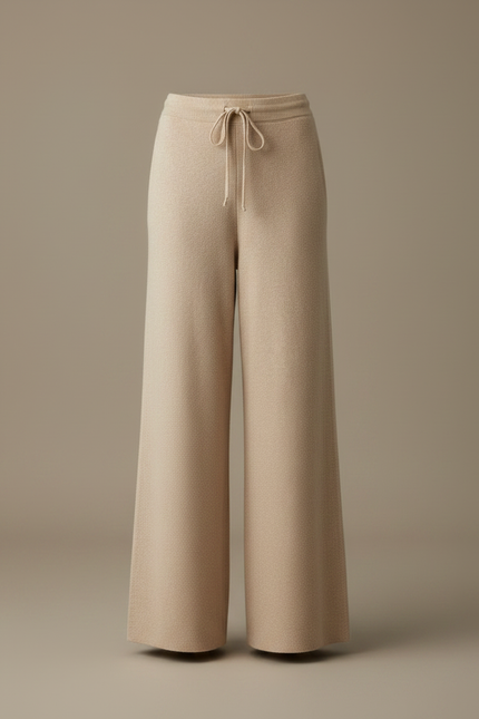 Pantalon Fluide Beige Maille Large Cordon Décontracté - vue 3