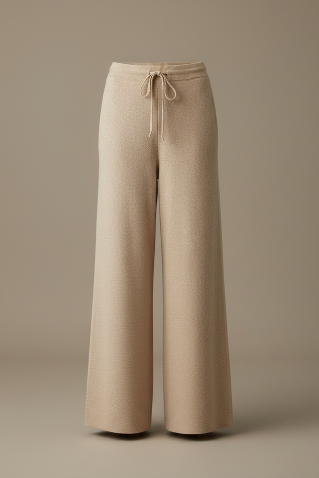 Pantalon Fluide Beige Maille Large Cordon Décontracté - vue 3