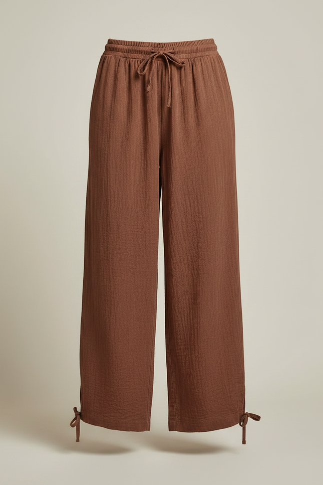 Pantalon Fluide Marron Ample Coton Cordon - vue 3