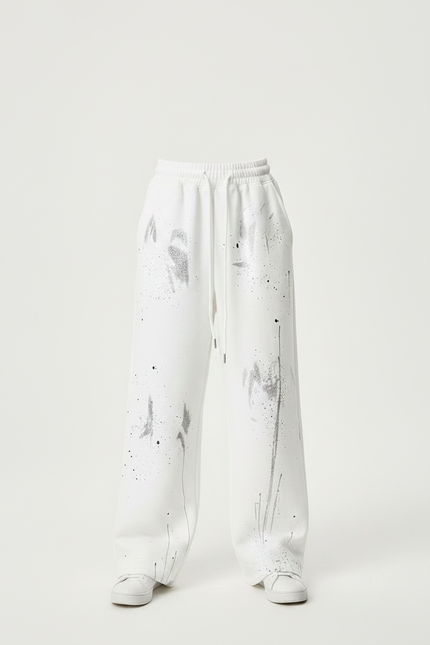 Pantalon Fluide Blanc Ample Éclaboussures Peinture Décontracté - Molleton - vue 3