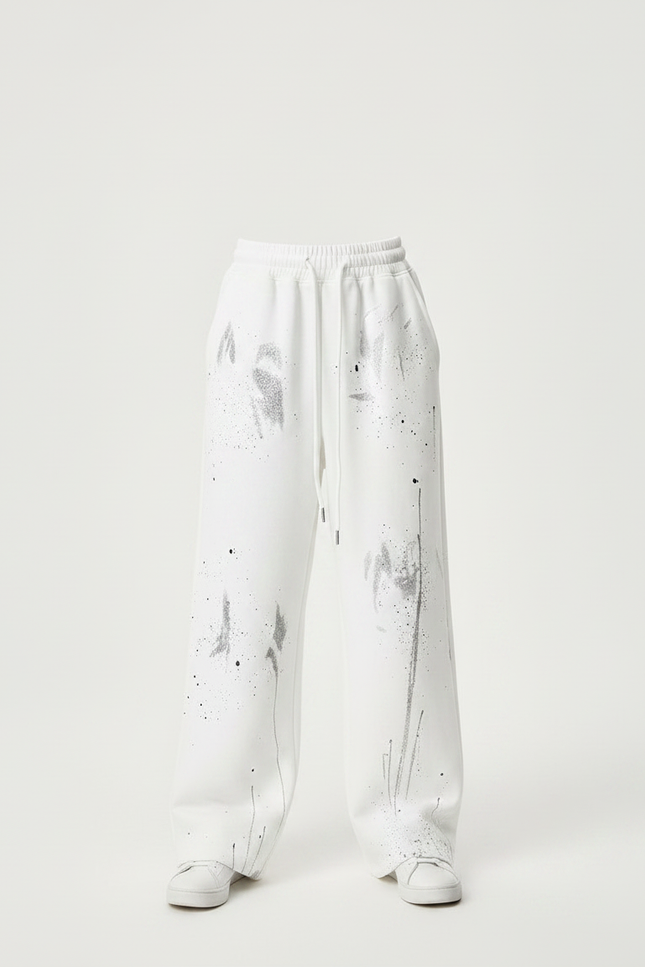 Pantalon Fluide Blanc Ample Éclaboussures Peinture Décontracté - Molleton - vue 3