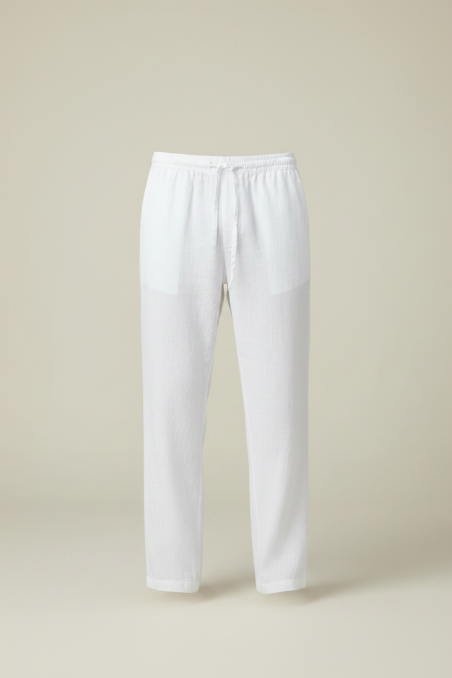 Pantalon Fluide Blanc Lin Cordon Décontracté Léger - vue 3