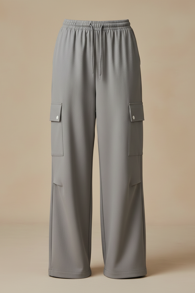 Pantalon Fluide Cargo Gris Ample Cordon Décontracté Femme - Polyester - vue 3