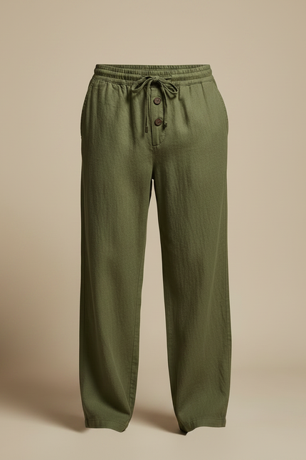 Pantalon Fluide Vert Lin Ample Décontracté Cordon Homme - Kaki - vue 3