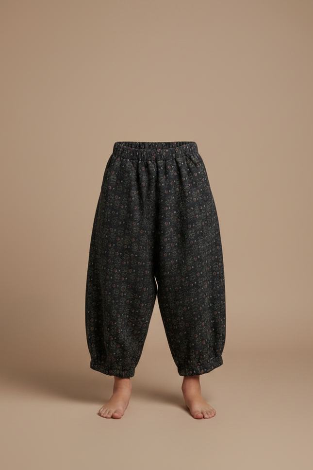 Pantalon Fluide Noir Fleuri Ample Coton Enfant - Imprimé Molleton - vue 3