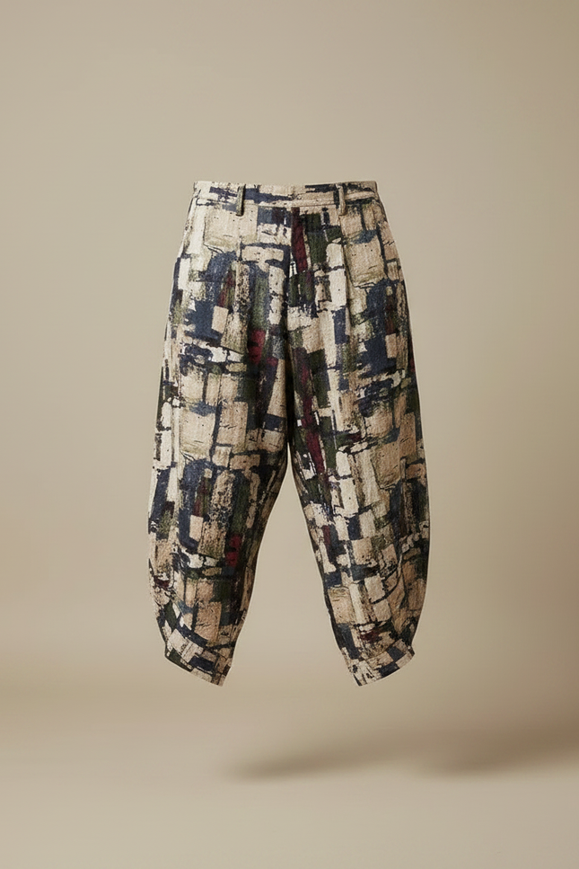 Pantalon Fluide Imprimé Géométrique Ample Coton Lin Harem - vue 3