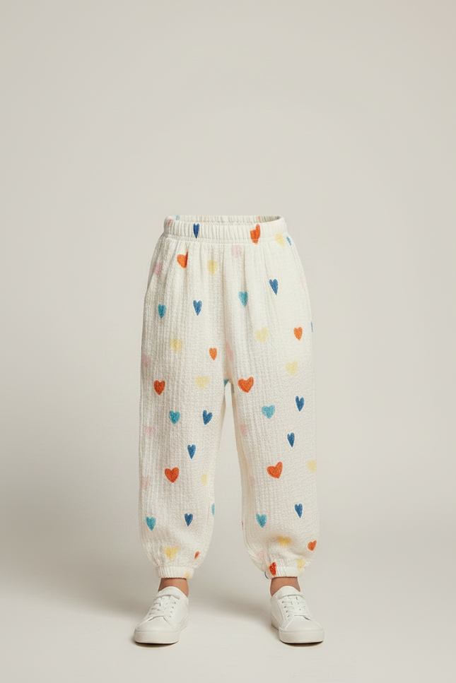Pantalon Fluide Écru Cœurs Colorés Léger Enfant - Multicolore Coton - vue 3