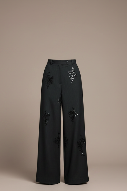 Pantalon Fluide Noir Ample Brodé Paillettes Rayé - Viscose - vue 3