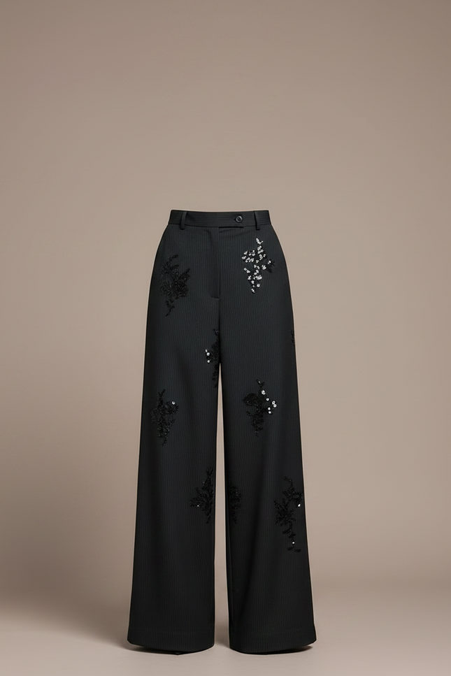 Pantalon Fluide Noir Ample Brodé Paillettes Rayé - Viscose - vue 3