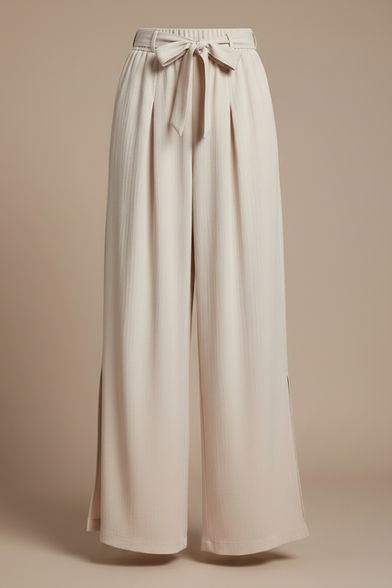 Pantalon Fluide Beige Plissé Ample Fendu Élégant - Viscose - vue 3