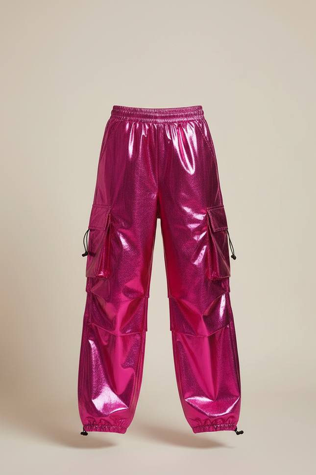 Pantalon Fluide Cargo Rose Métallique Ample Brillant Enfant - Polyester - vue 3