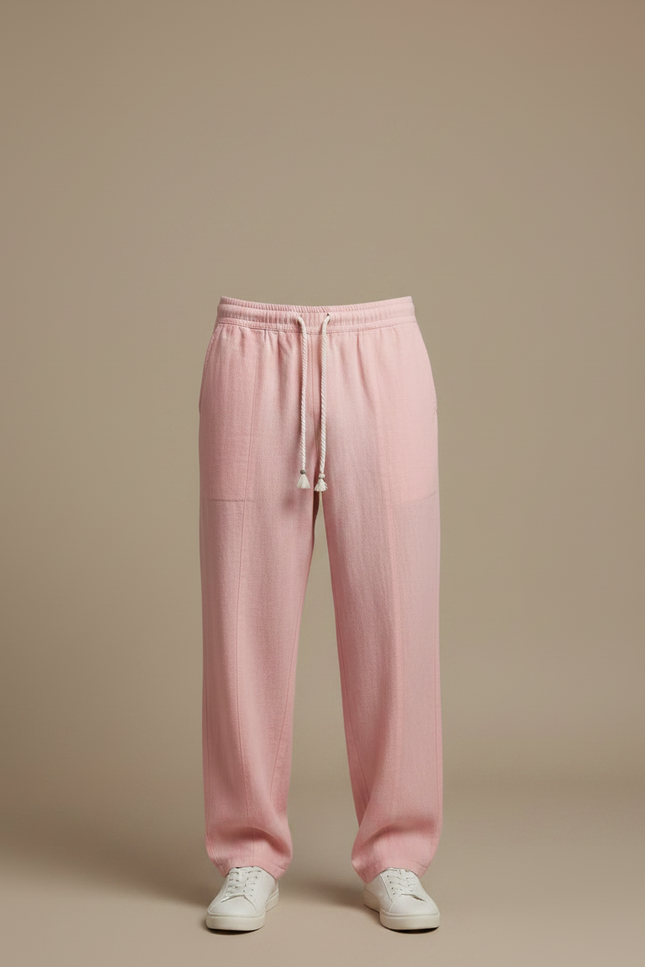 Pantalon Fluide Rose Lin Ample Cordon Décontracté Homme - vue 3